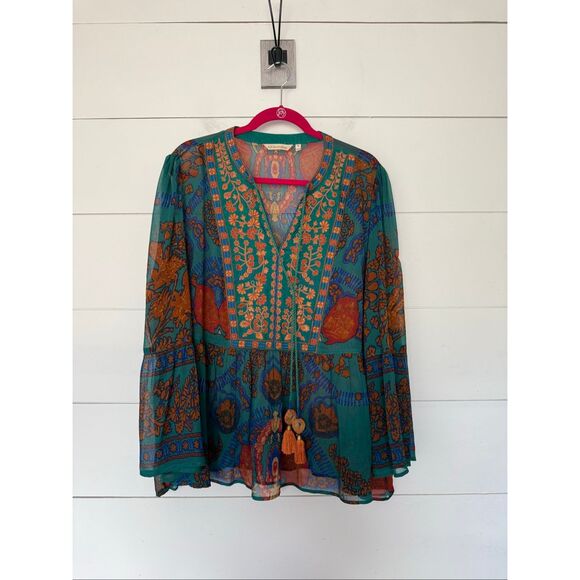 Soft Surroundings Tops - Soft Surroundings Women’s 2X Blue Brown Boho Peasant Tassel Blouse